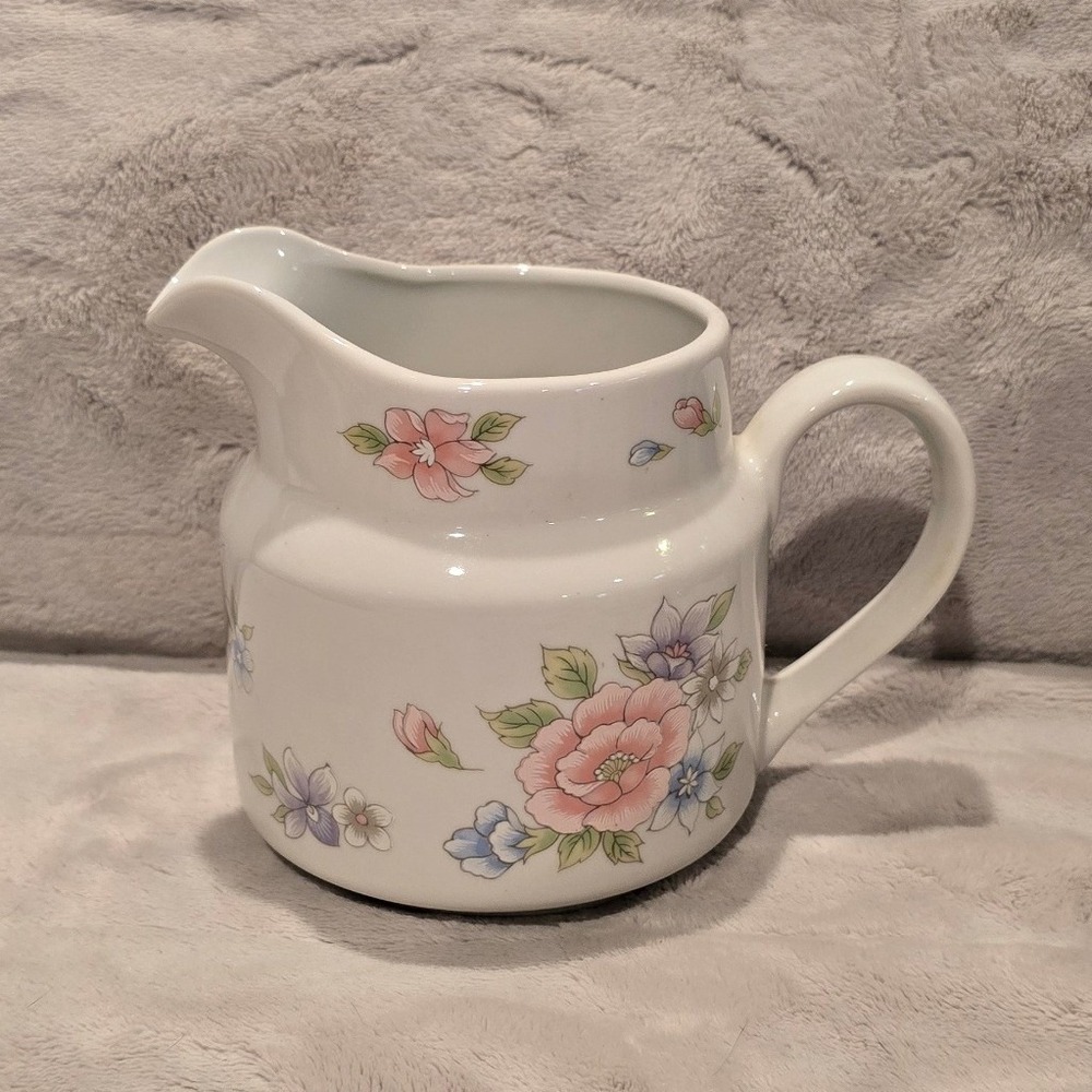 FTDA Vintage 1982 Floral Ceramic Pitcher Creamer Made in Japan White Pink Blue